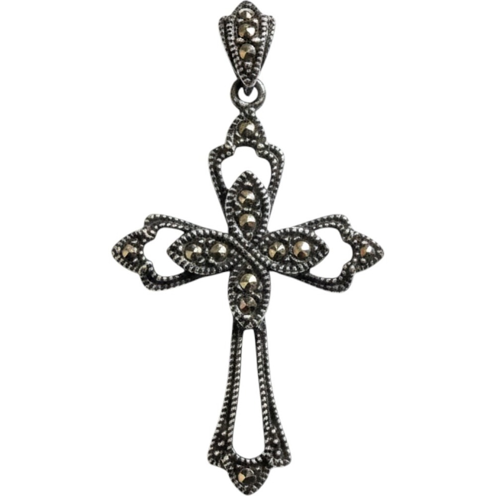 Vintage 925 Sterling Silver Marcasite Cross Pendant NP Openwork Gothic 1.75in